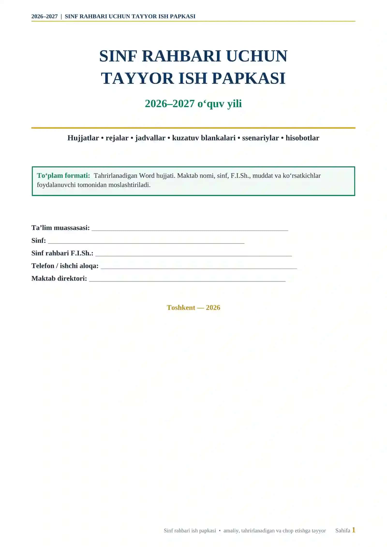 SINF RAHBARI UCHUN TAYYOR ISH PAPKASI 2026-2027-O'QUV YILI UCHUN 2