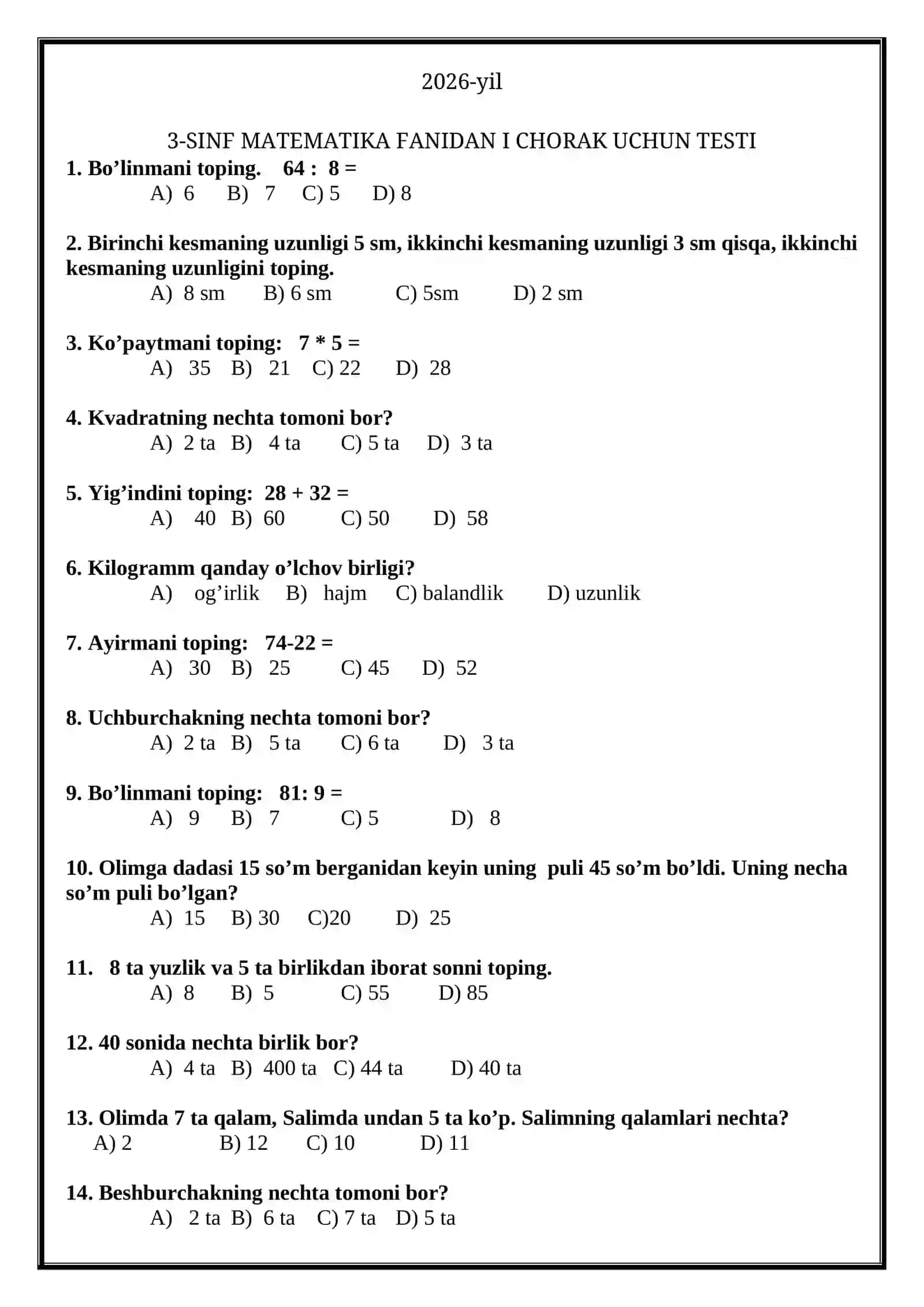 3-SINMATEMATIKA FANIDAN  CHORAK UCHUN TESTI 2