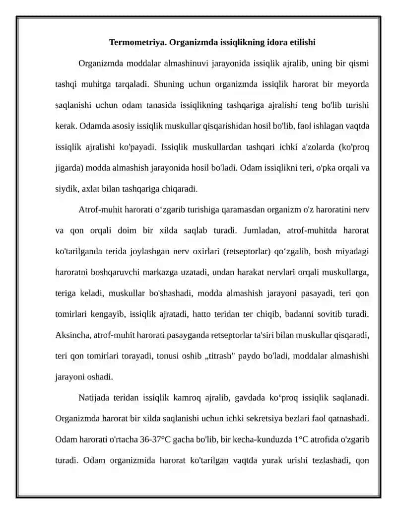 Termometriya. Organizmda issiqlikning idora etilishi 2