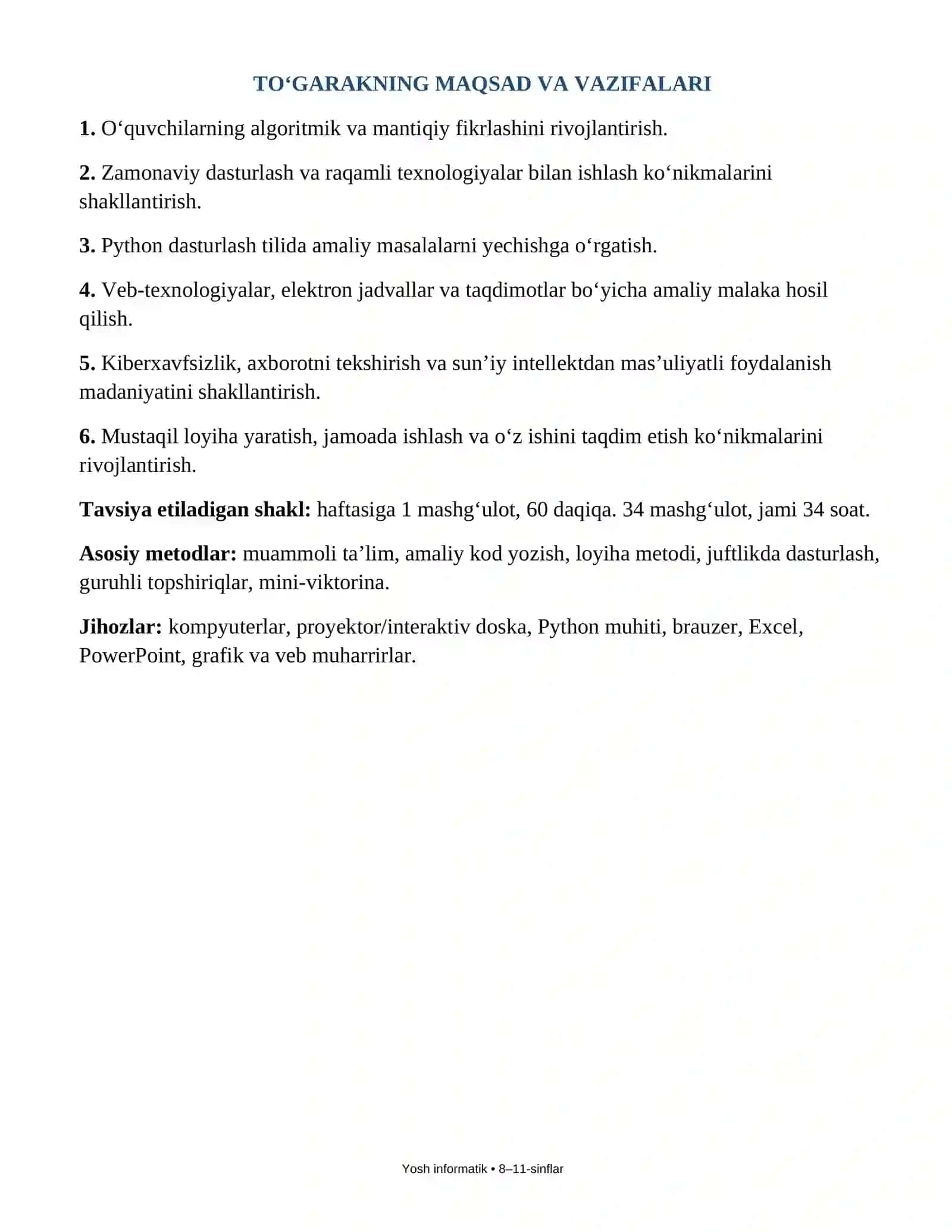 YOSH INFORMATIK TO'GARAGI ISH REJASI VA MASHG'ULOT KONSPEKTLARI 2