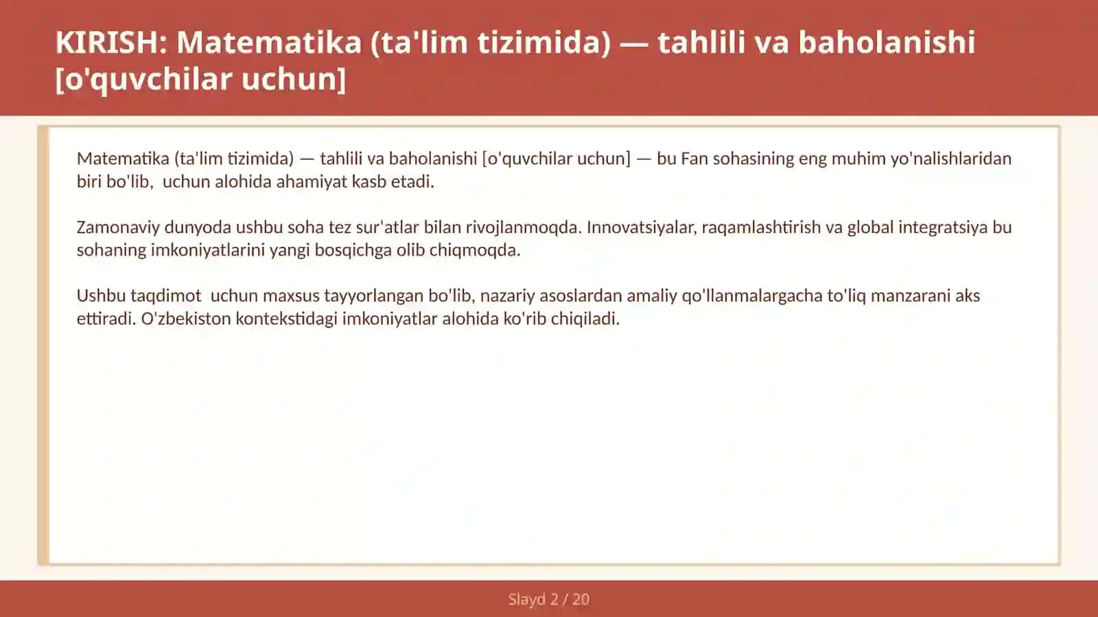 Matematika (ta'lim tizimida) — tahlili va baholanishi [o'quvchilar uchun] 2