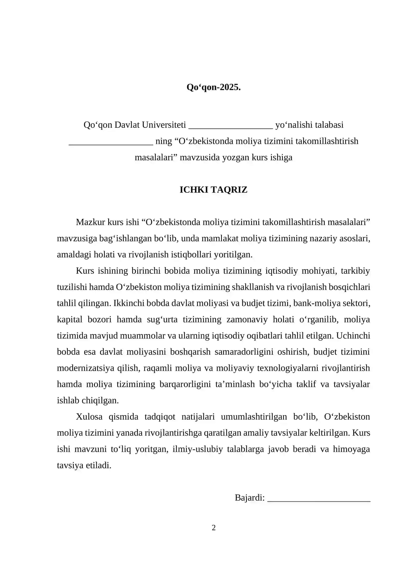 O'zbekistonda moliya tizimini takomillashtirish masalalari 2