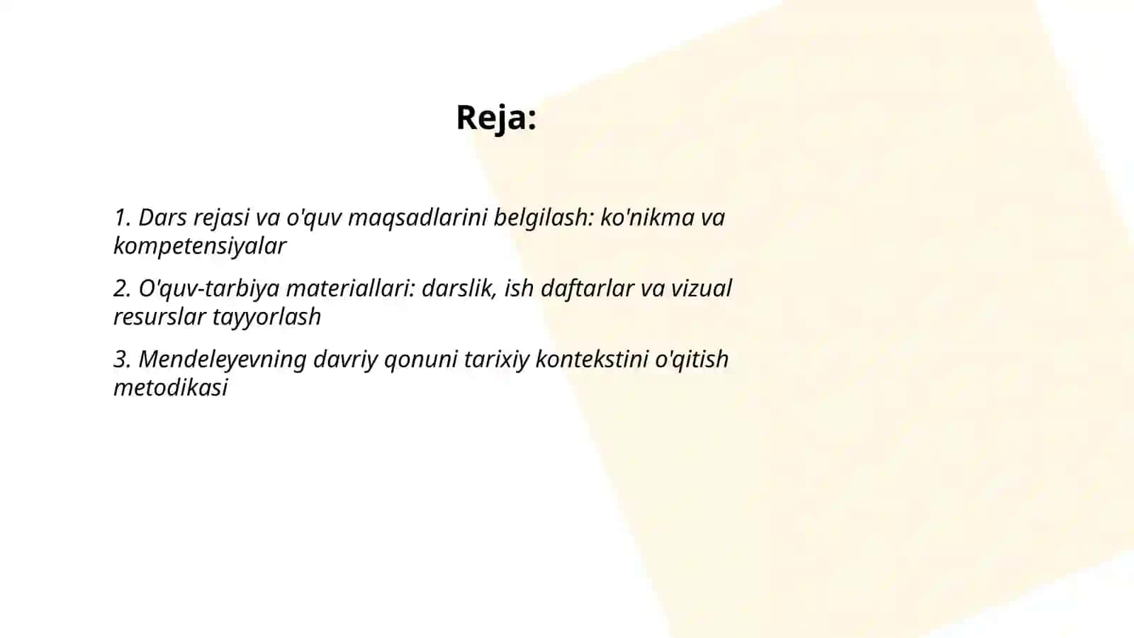 Kimyo kursida D.1. Mendeleyevning davriy qonuni va davriy sistemasini o'qitish 2