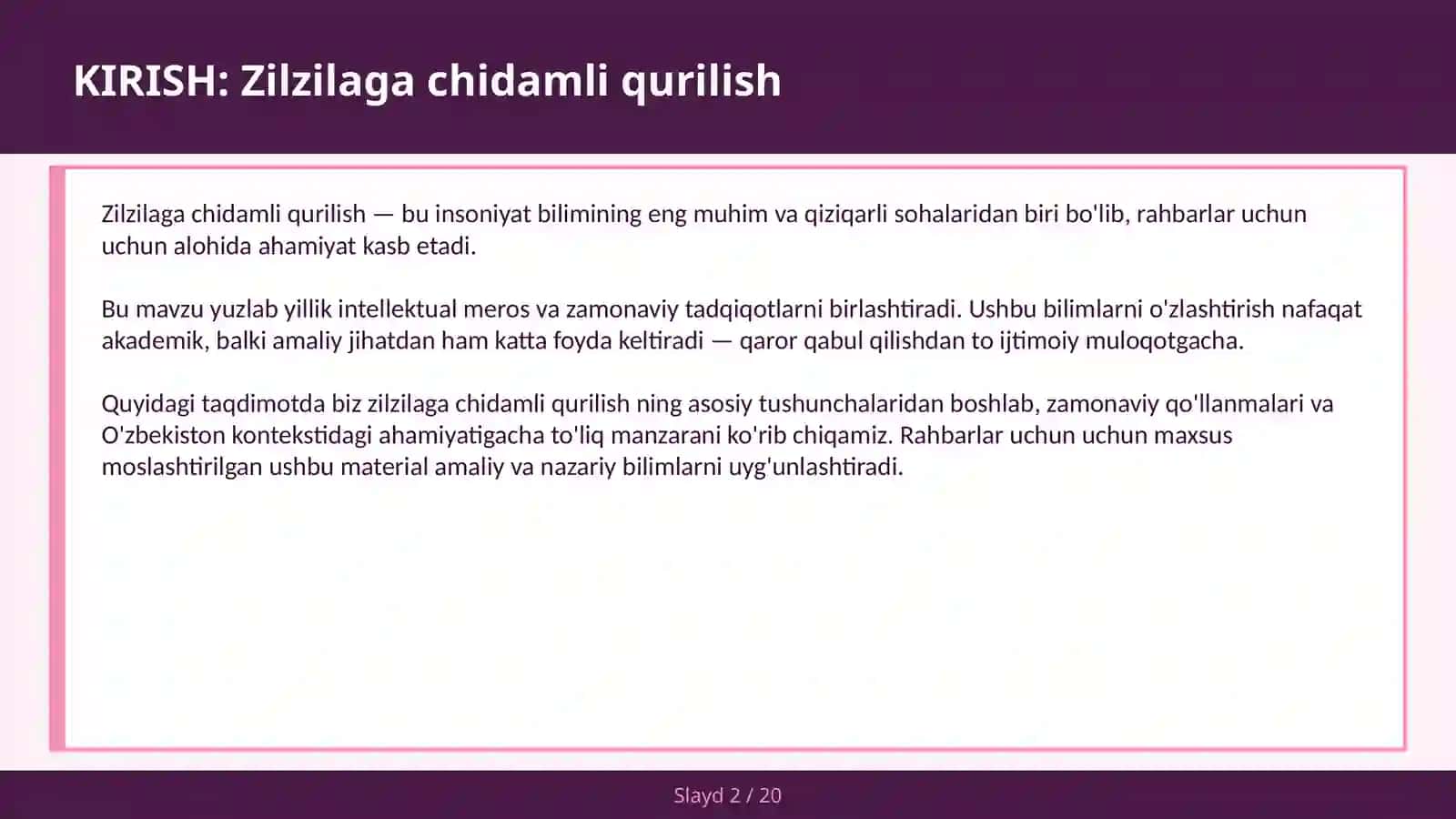 Zilzilaga chidamli qurilish 2