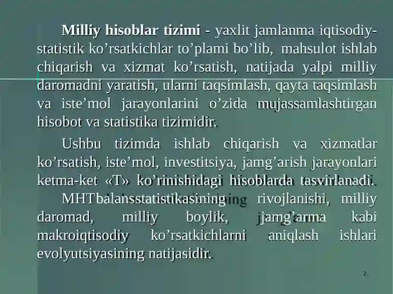 MILLIY HISOBLAR TIZIMI – IQTISODIY STATISTIKANING USLUBIY NEGIZI 2