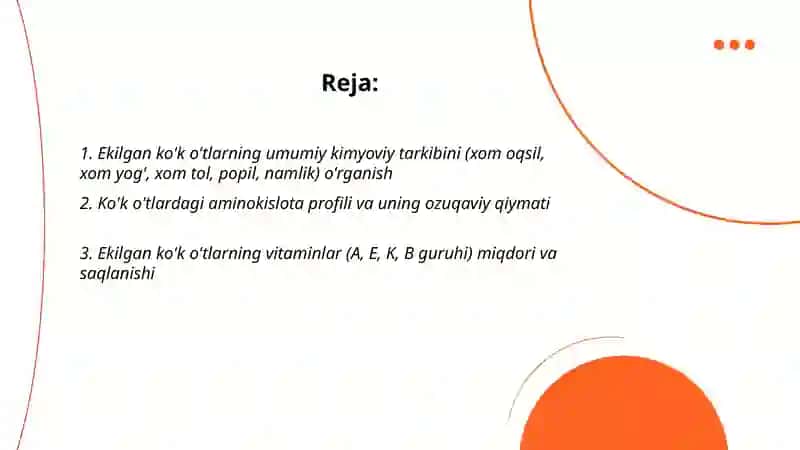 Ekiladigan ko'k o'tlaming kimyoviy tarkibi va to'yimliligini o'rganish 2