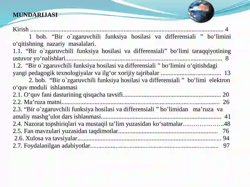 Oliy matematika fanining “Bir o`zgaruvchili funksiya hosilasi va differensiali” mavzusini o’tishda yangi pedagogik texnologiyalaridan foydalanish 2