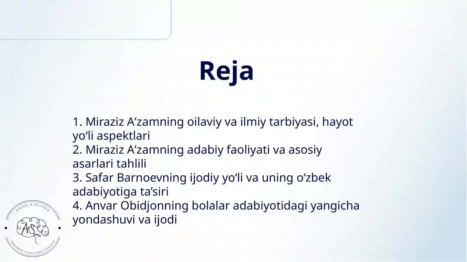 MIRAZIZ AʼZAMNING HAYOTI VA IJODIY FAOLIYATI. SAFAR BARNOEV HAYOT VA IJODI. ANVAR OBIDJON IJODI OʻZBEK BOLALAR ADABIYOTIDAGI YANGICHA YOʻNALISH SIFATIDA 2