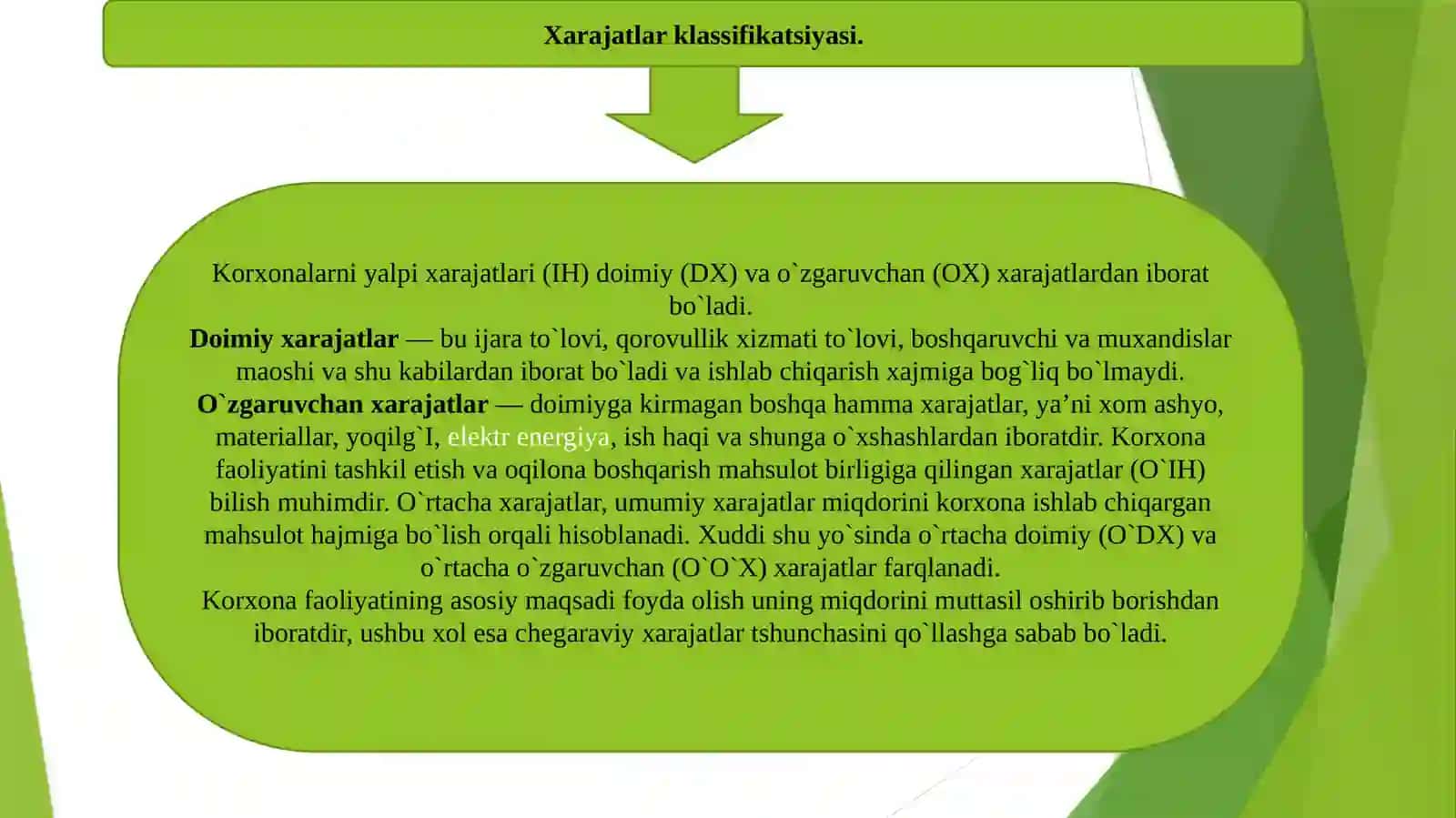 Xarajatlar tushunchasi va klassifikatsiyasi 2