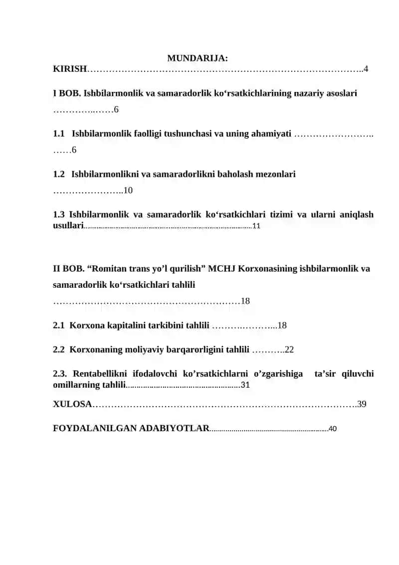 Korxonaning ishbilarmonlik va samaradorlik ko’rsatkichlari tahlili 2