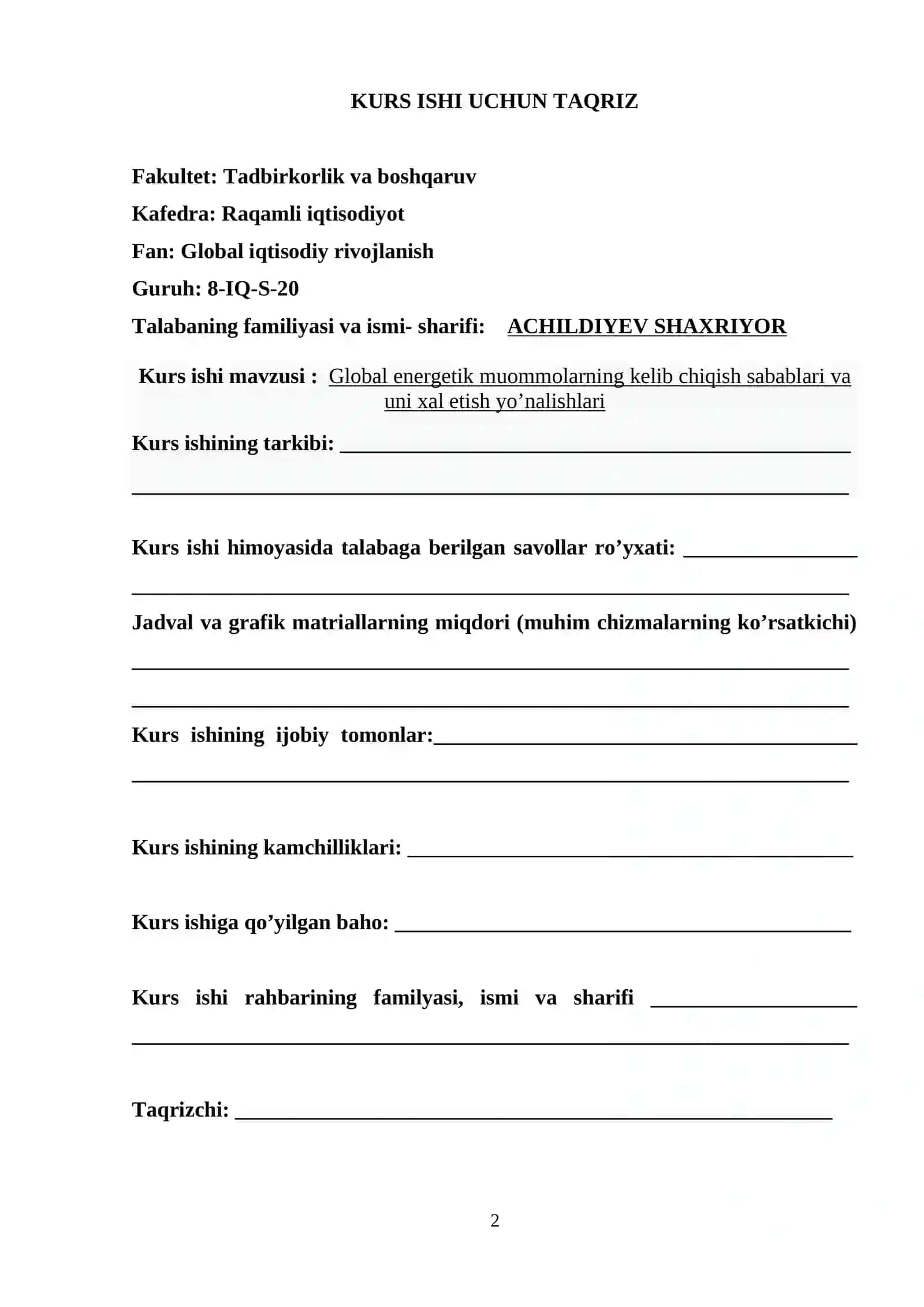GLOBAL ENERGETIK MUOMMOLARNING KELIB CHIQISH SABABLARI VA UNI XAL ETISH YO’NALISHLARI 2