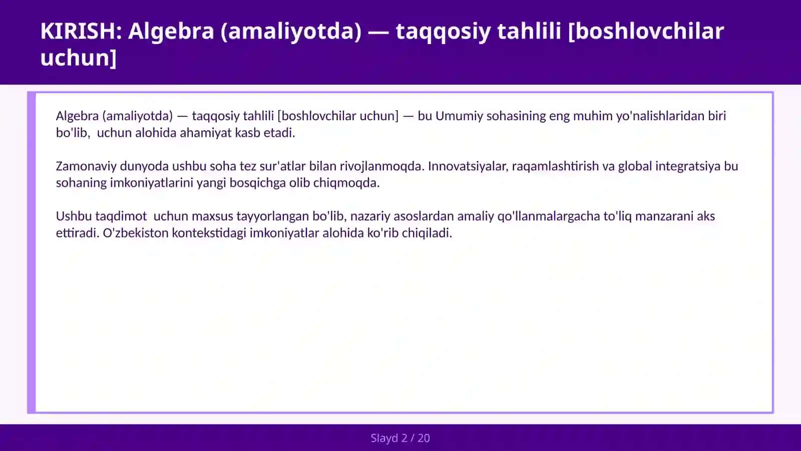 ALGEBRA (AMALIYOTDA) — TAQQOSIY TAHLILI [BOSHLOVCHILAR UCHUN] 2