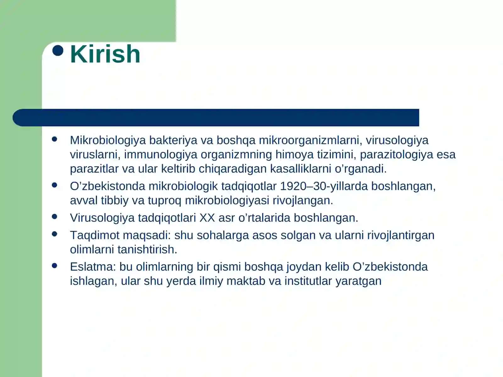 Mikrobiologiya, virusologiya, immunologiya, parazitologiya modulini rivojlanishiga hissa qo‘shgan O‘zbekistonlik etakchi olimlari 2