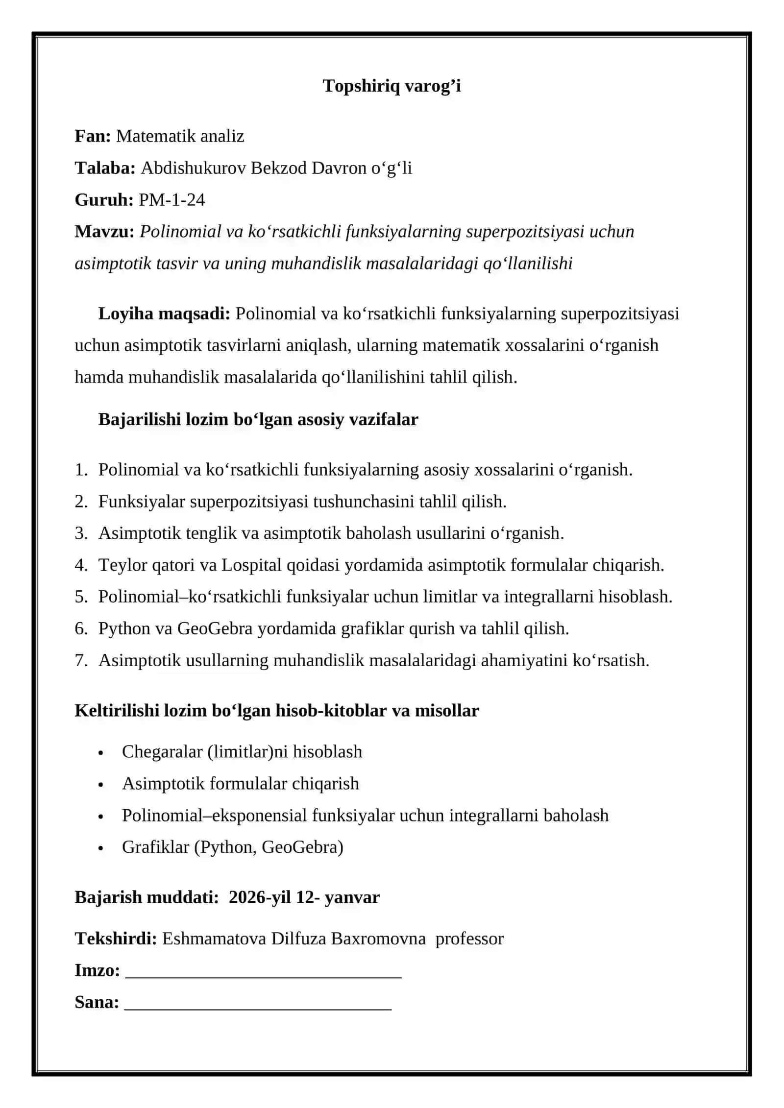 Polinomial va ko’rsatkichli funksiyalarning superpozitsiyasi uchun asimptotik tasvir va uning muhandislik masalalaridagi qo’llanilishi 2