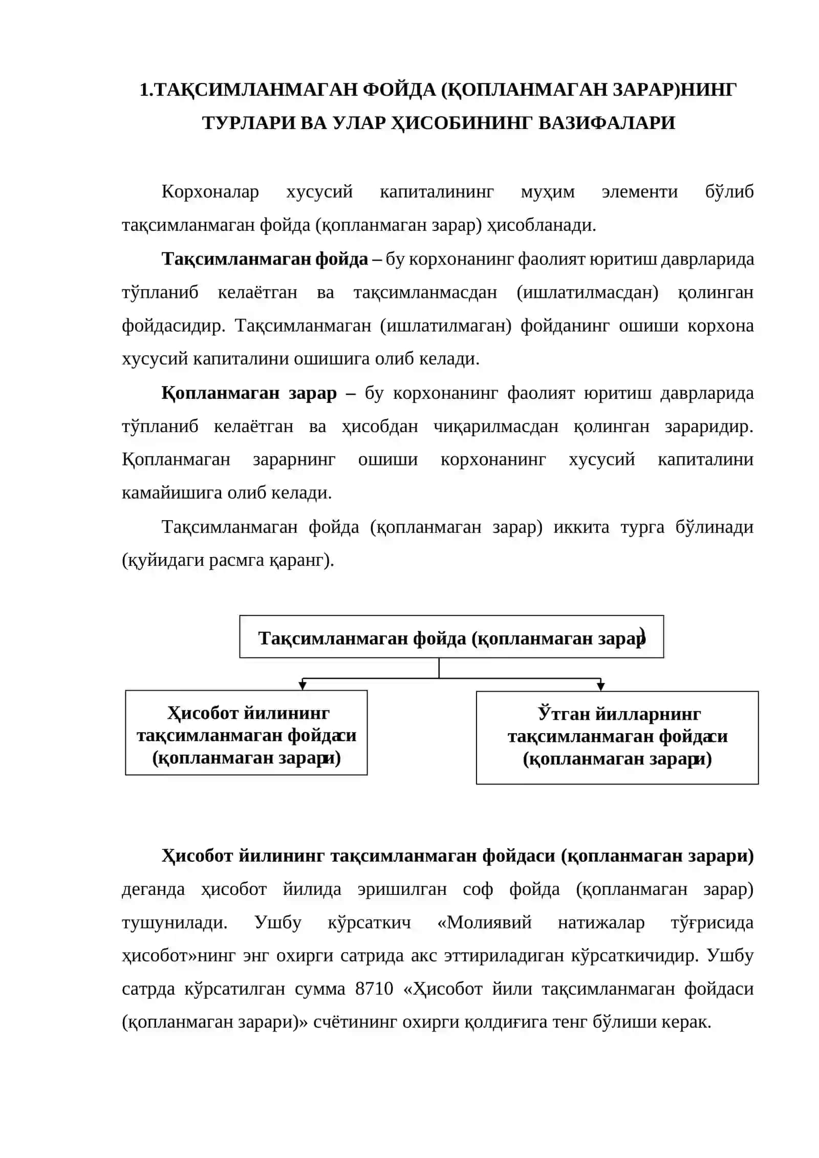 Тақсимланмаган фойда (қопланмаган зарар)нинг турлари ва улар ҳисобининг вазифалари 2