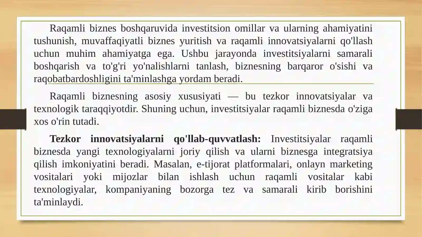 Xorijiy investitsiyalar fanidan Investitsion omillarning raqamli biznes boshqaruvidagi o'rni va ahamiyatining tahlili 2