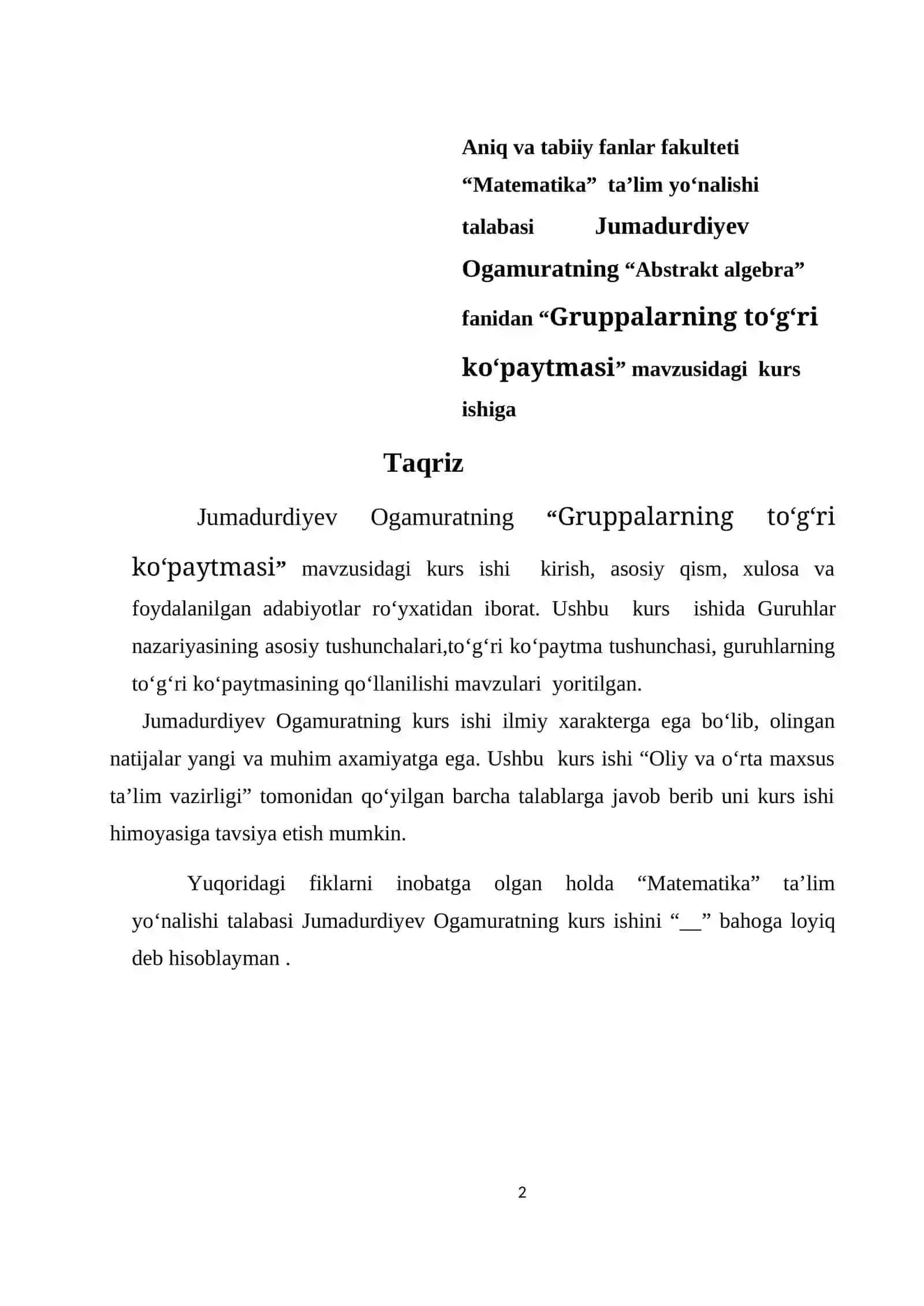 Algebra. GRUPPALARNING TOGRI KOPAYTMASI 2