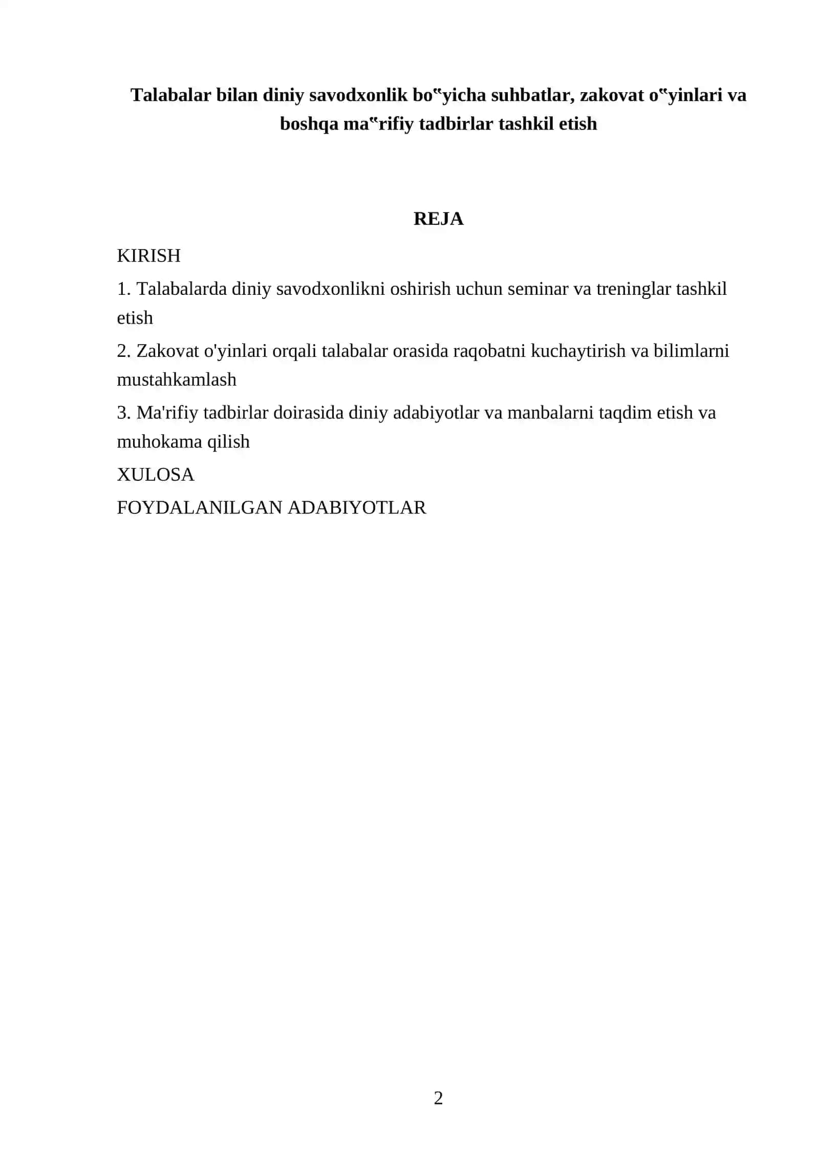 Talabalar bilan diniy savodxonlik bo‟yicha suhbatlar, zakovat o‟yinlari va boshqa ma‟rifiy tadbirlar 2