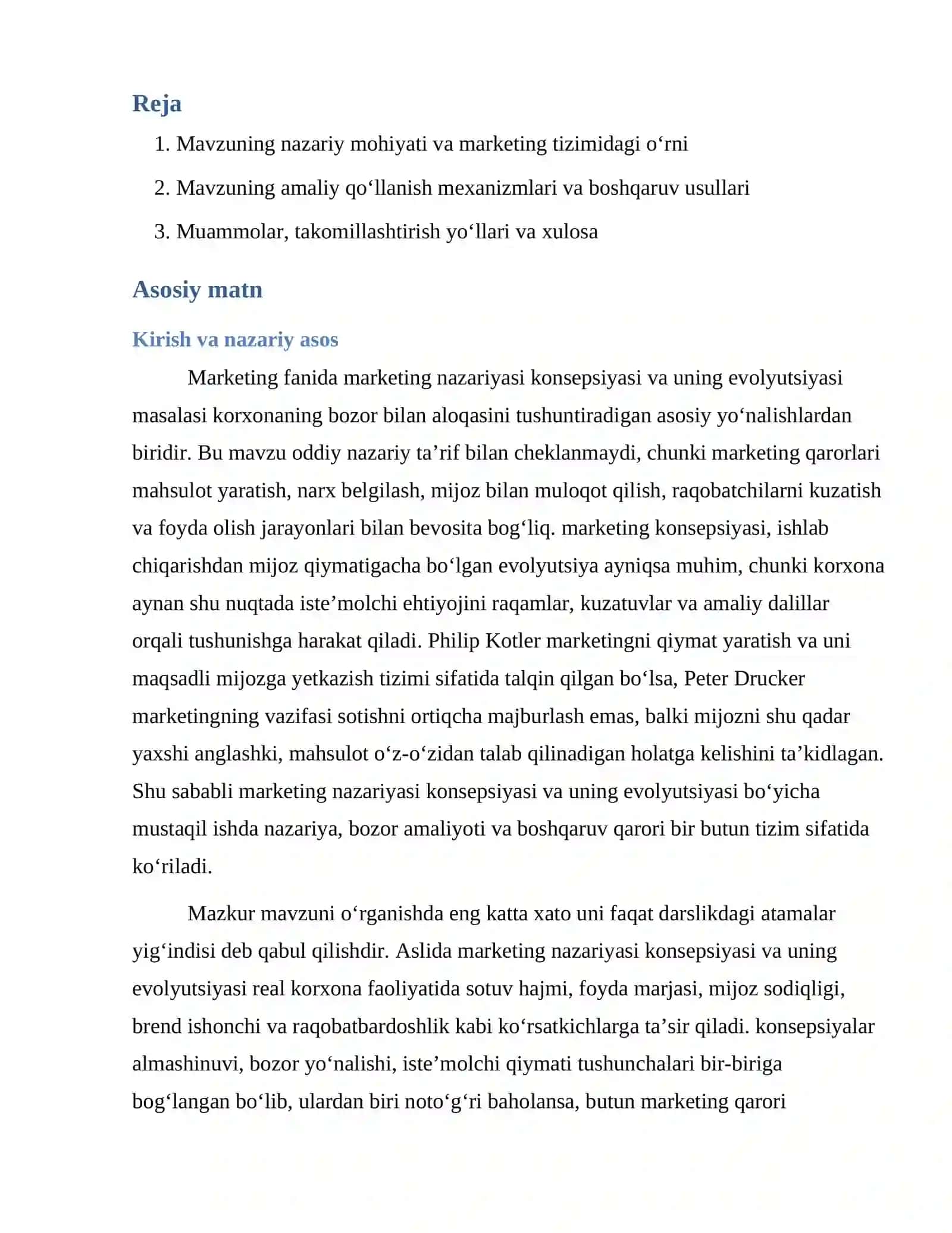 Marketing nazariyasi konsepsiyasi va uning evolyutsiyasi 2