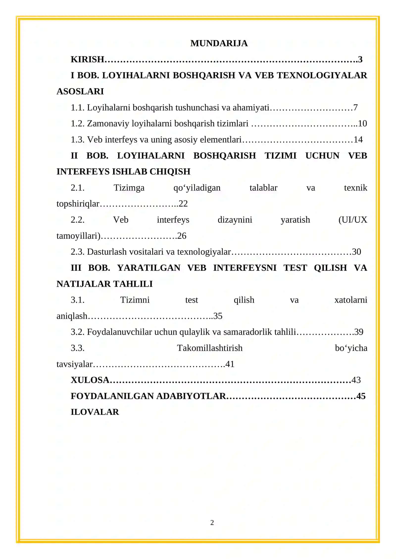 KURS ISHI: "Loyihalarni boshqarish uchun veb interfeys yaratish" 2