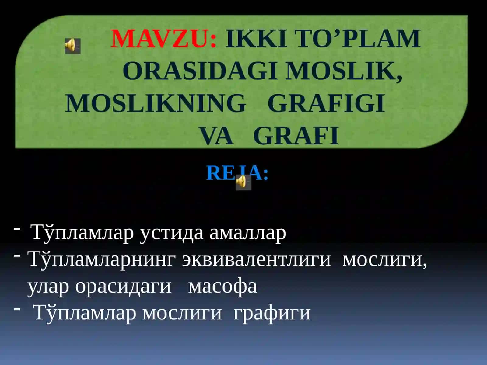MAVZU: IKKI TO’PLAM ORASIDAGI MOSLIK, MOSLIKNING GRAFIGI VAGRAFI 2