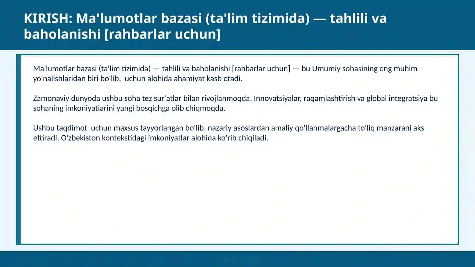 Ma'lumotlar bazasi (ta'lim tizimida) — tahlili va baholanishi [rahbarlar uchun] 2