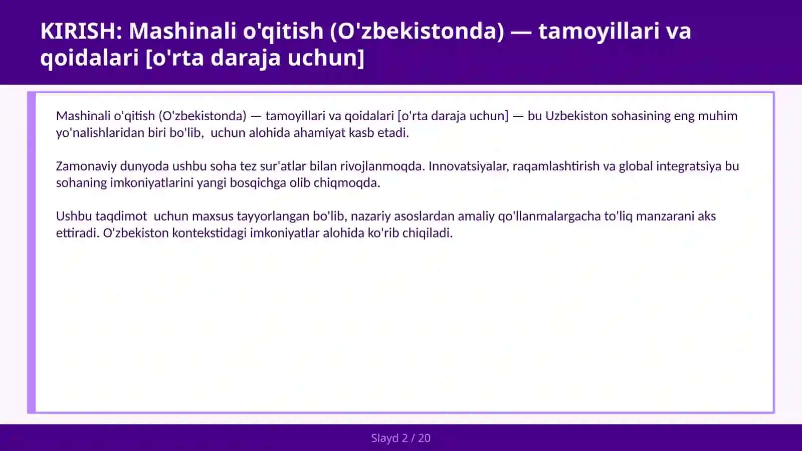 Mashinali o'qitish (O'zbekistonda) — tamoyillari va qoidalari [o'rta daraja uchun] 2
