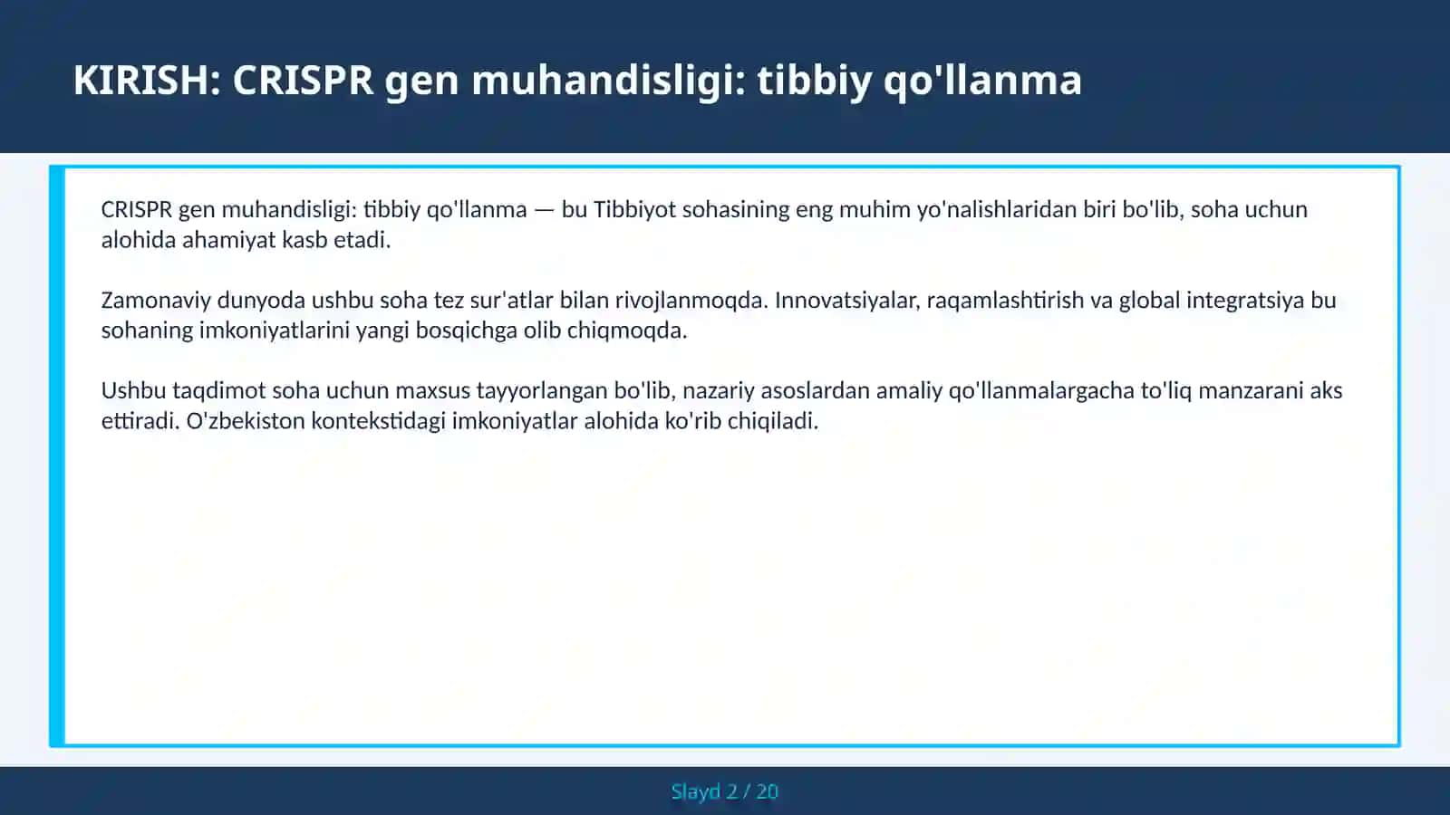 CRISPR gen muhandisligi: tibbiy qo'llanma 2