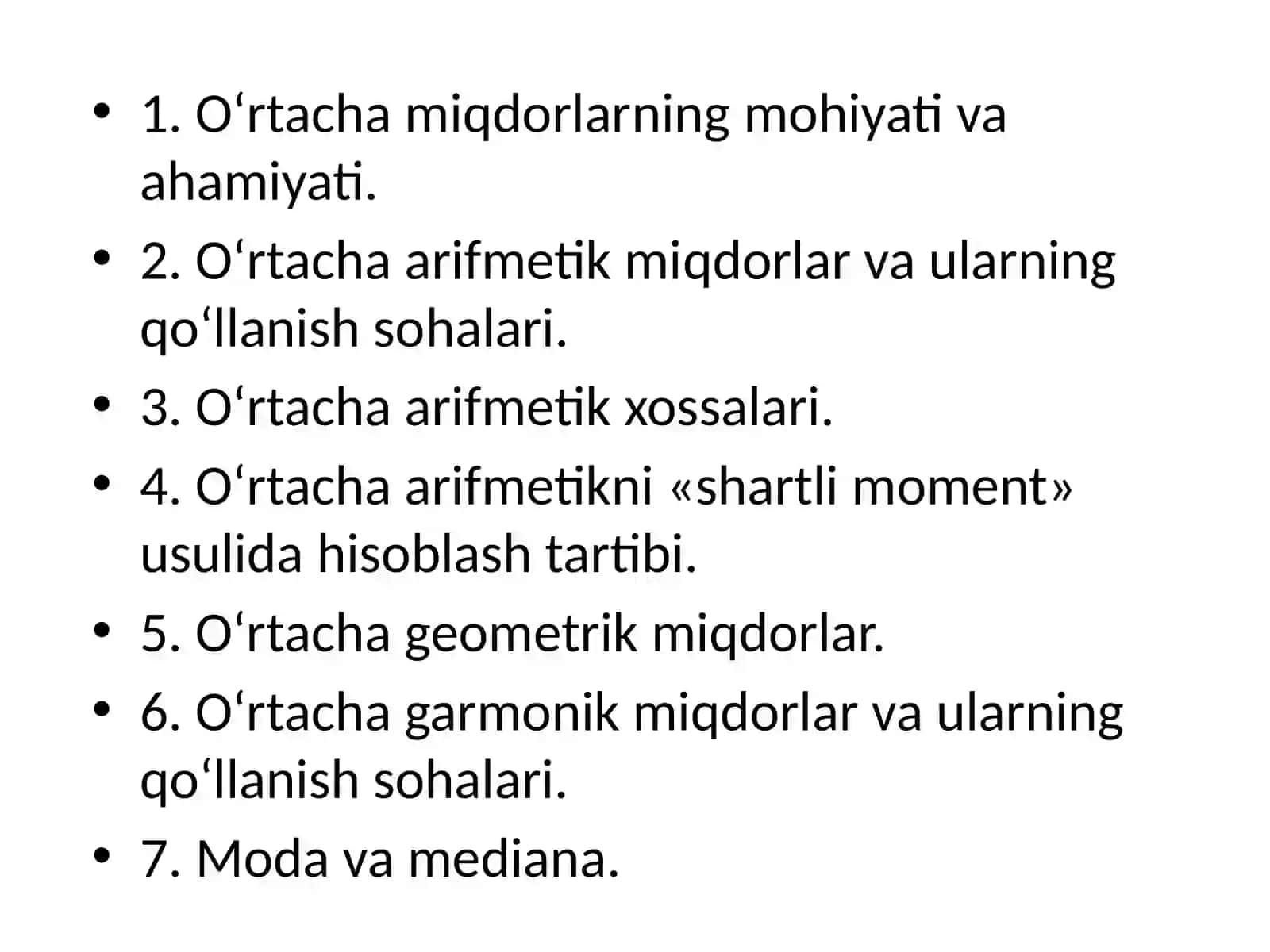 O‘RTACHA MIQDORLAR 2