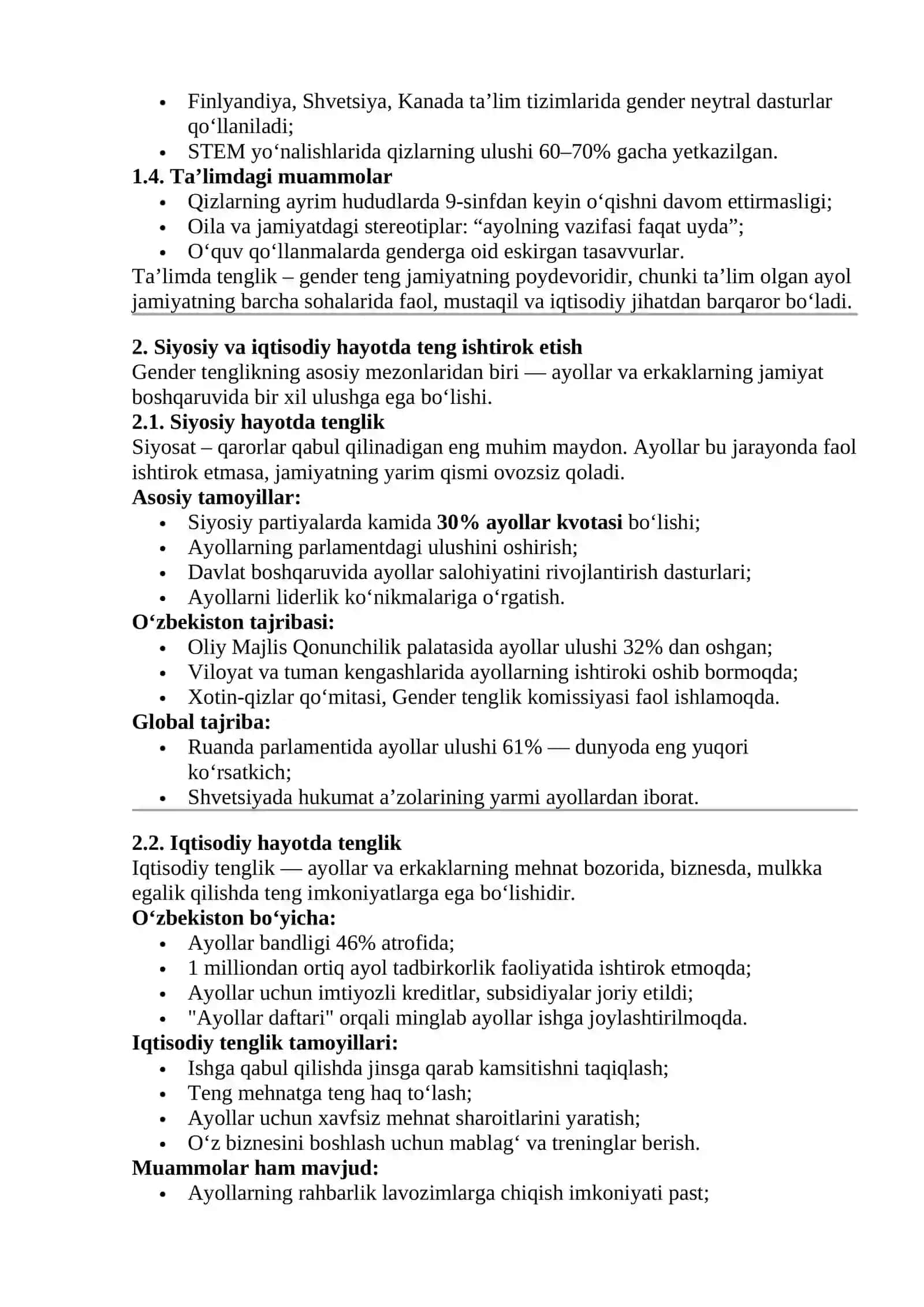 Gender tenglikning asosiy tamoyillari. Gender tengligining huquqiy asoslari 2