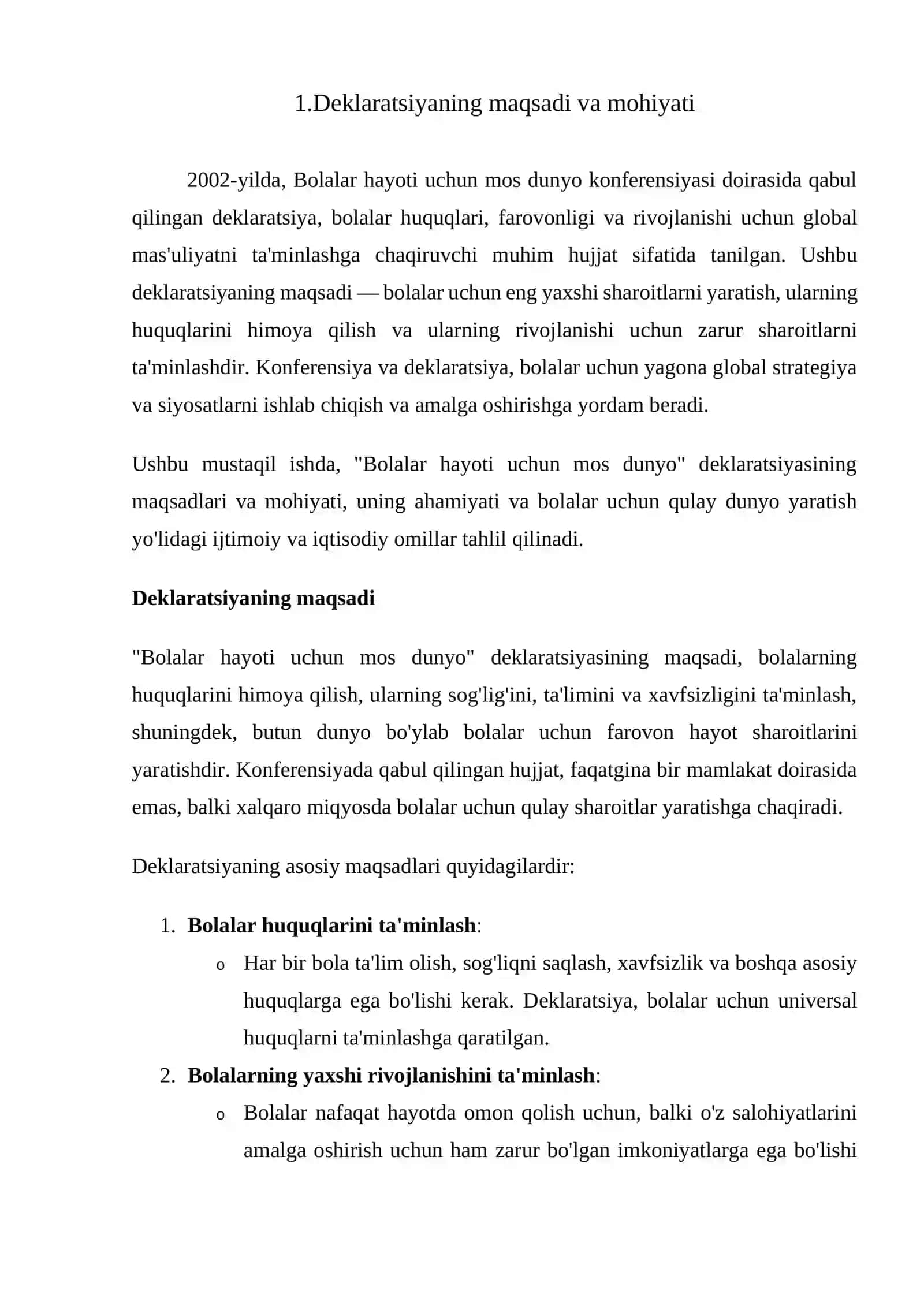 Deklaratsiya: "Bolalar hayoti uchun mos dunyo" -2002 yildagi deklaratsiya: asoslari 2