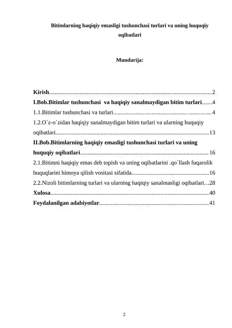 Bitimlarning haqiqiy emasligi tushunchasi turlari va uning huquqiy oqibatlari Kurs ishi 2