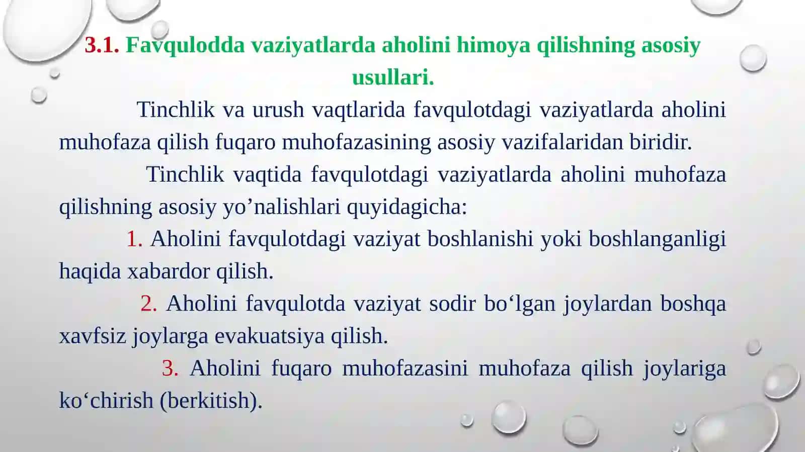 Favquloddavaziyatlar xavfi tug’ilganda va sodir bo’lganda aholiga xabar berish va ularni xavfli hududlardan xavfsiz hududlarga ko’chirishni (evakuatsiya qilishni) tashkillashtirish 2