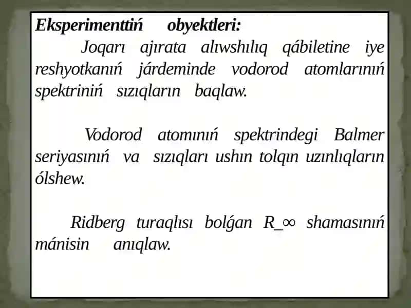 QMU dıń Fizika qánigeligi 1-kurs magistranti Abdikarimova Azizanıń Vodorod atomı spektrindegi Balmer seriyası 2