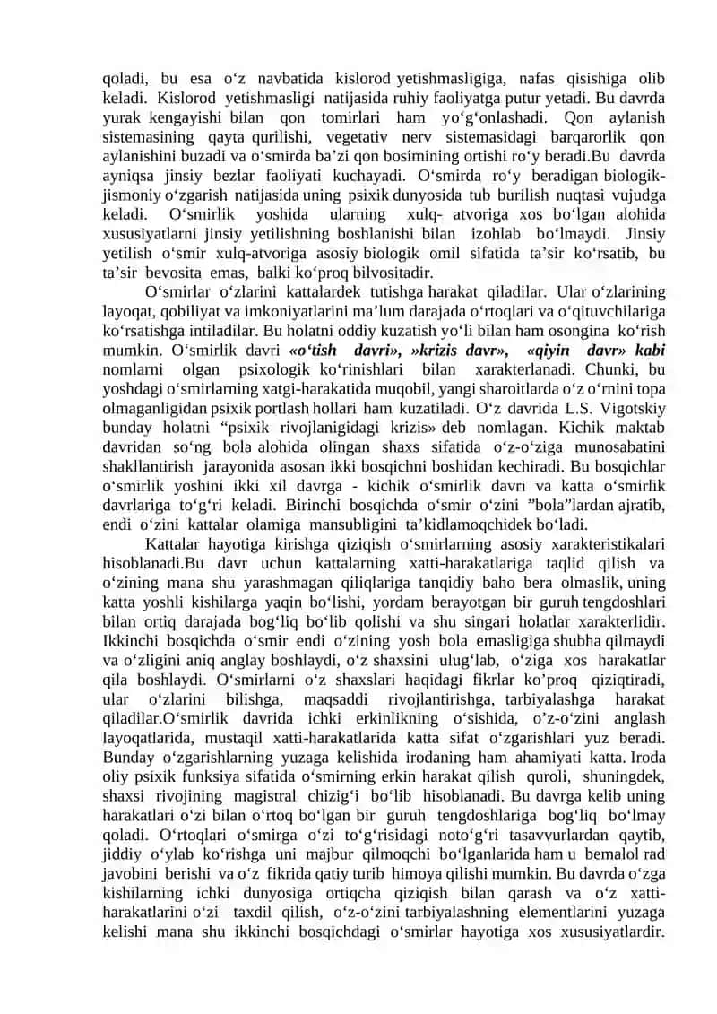 O’SMIRLIK DAVRI. O’SPIRINLIK DAVRI. YETUKLIK DAVRI PSIXOLOGIYASI 2