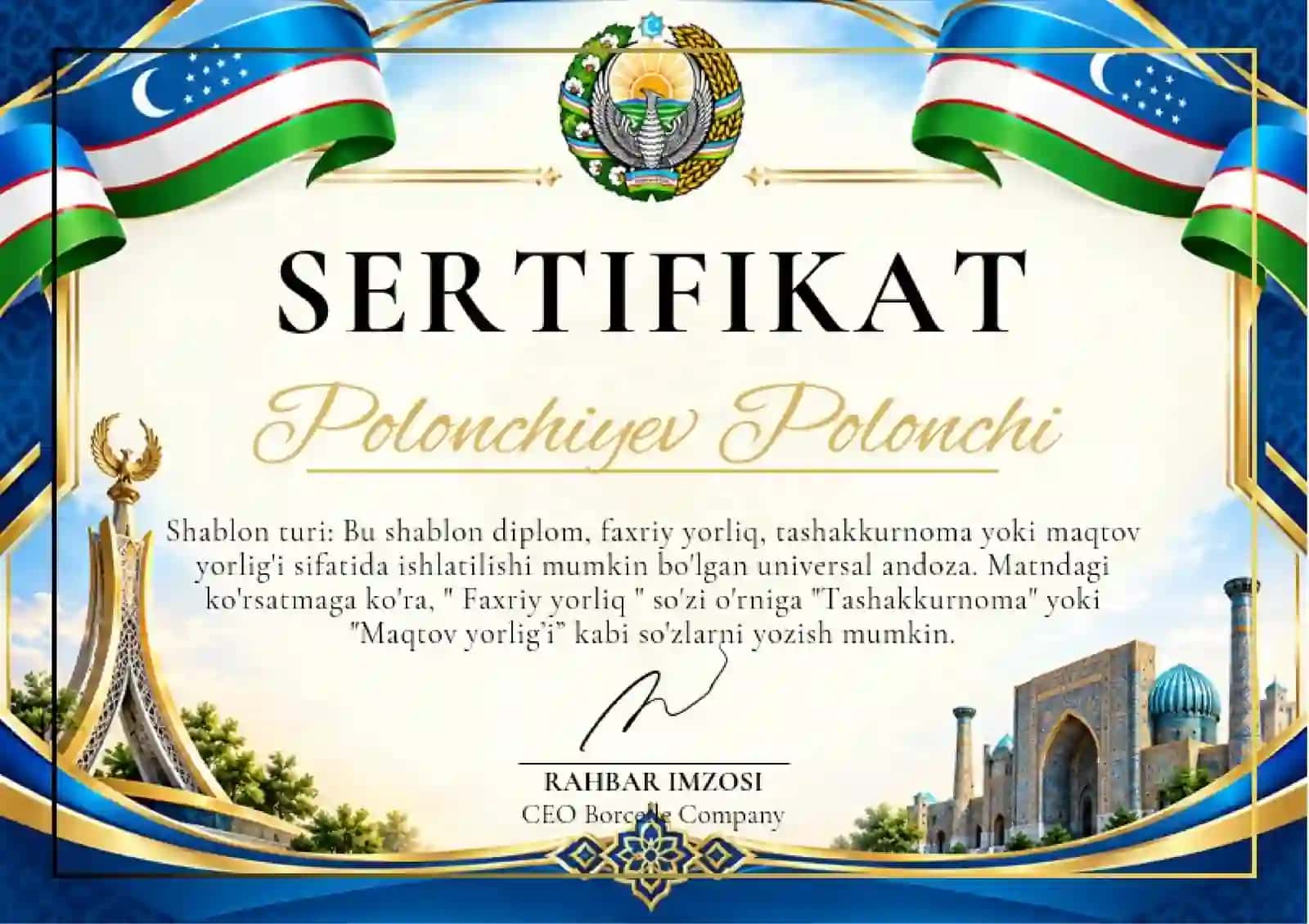 Shablon diplom, sertifikat, faxriy yorliq, tashakkurnoma yoki maqtov yorlig'i 2