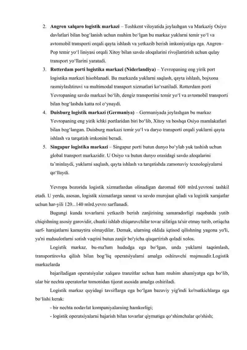 Logistika markazlari Transport va logistika tizimi. Transport kompleksi. Transport logistikasini rivojlantirish istiqbollari. 2