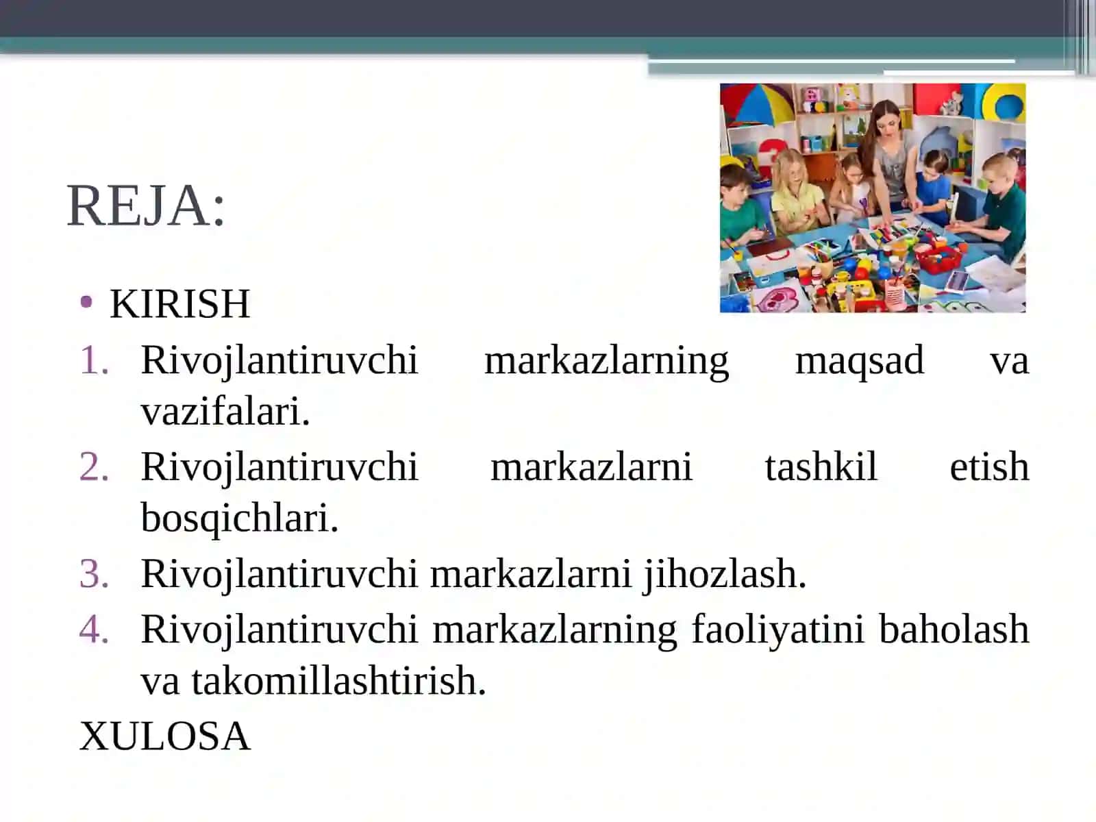 Rivojlantiruvchi markazlarni tashkil etish va jihozlash 5 ta markaz ishtirokida 2
