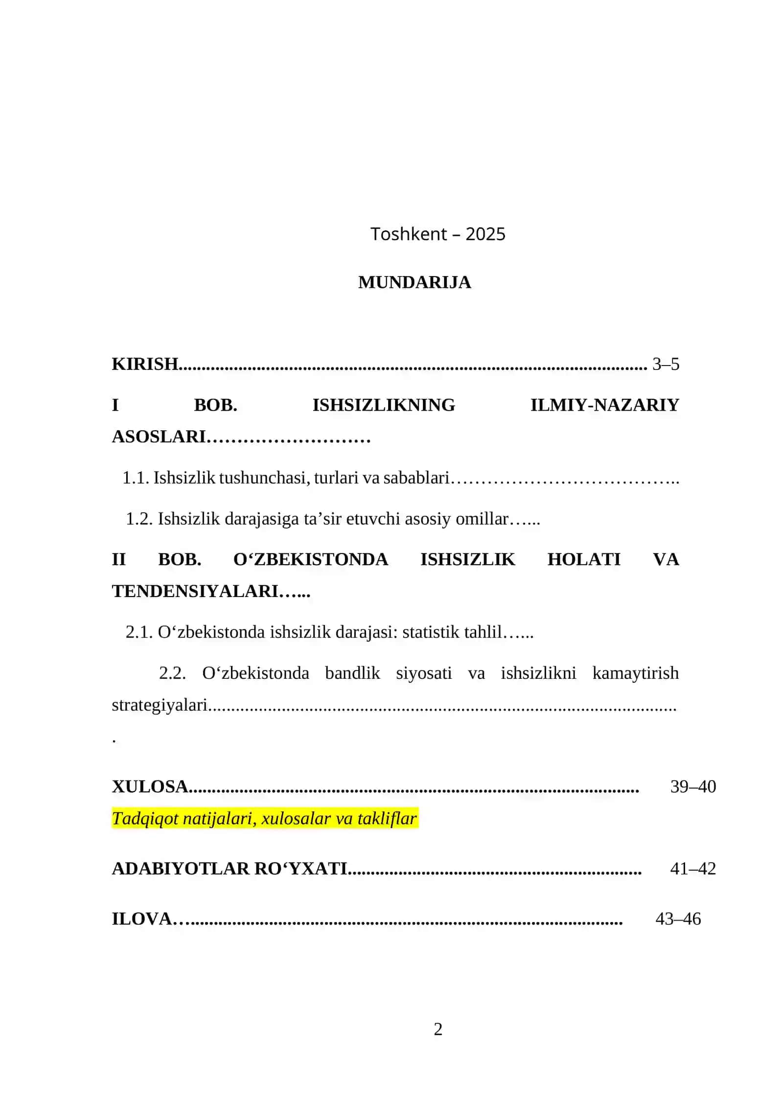 ISHSIZLIK SABABLARI, OQIBATLARI VA UNING DARAJASIGA TA’SIR ETUVCHI OMILLAR 2