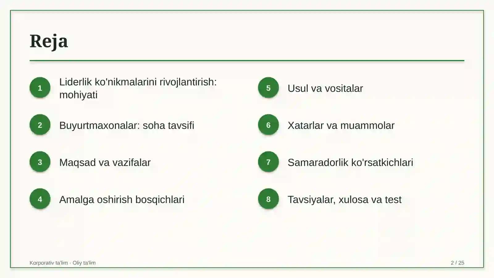 Buyurtmaxonalarda liderlik ko'nikmalarini rivojlantirish 2