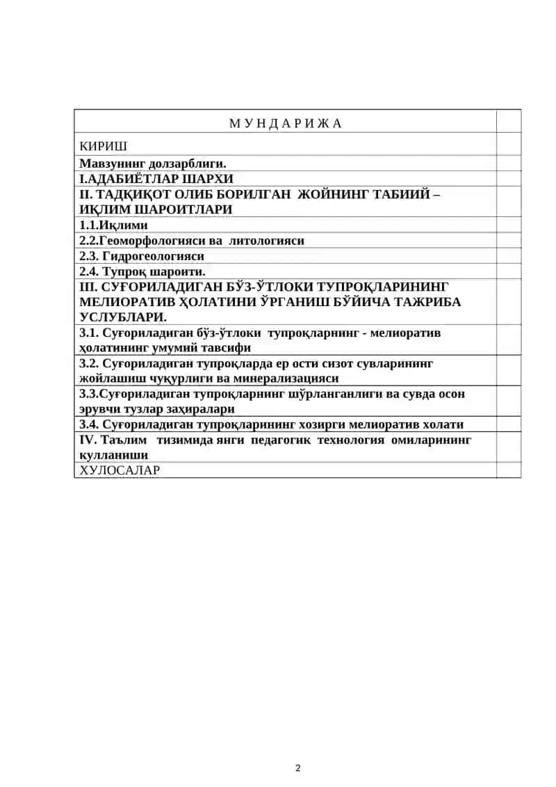 Суғориладиган бўз-ўтлоки тупроқларининг мелиоратив ҳолати 2