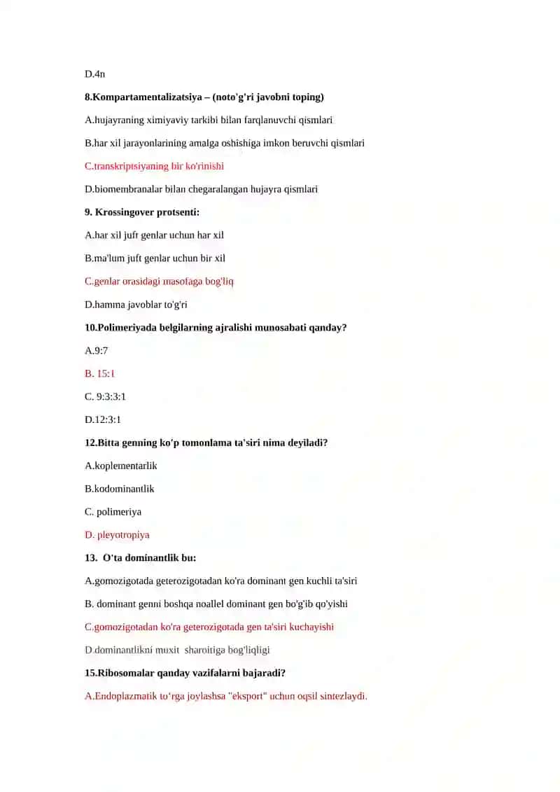 Tibbiy biologiya fanidan STOM-1-kurs talabalari uchun YAB test savollari 2