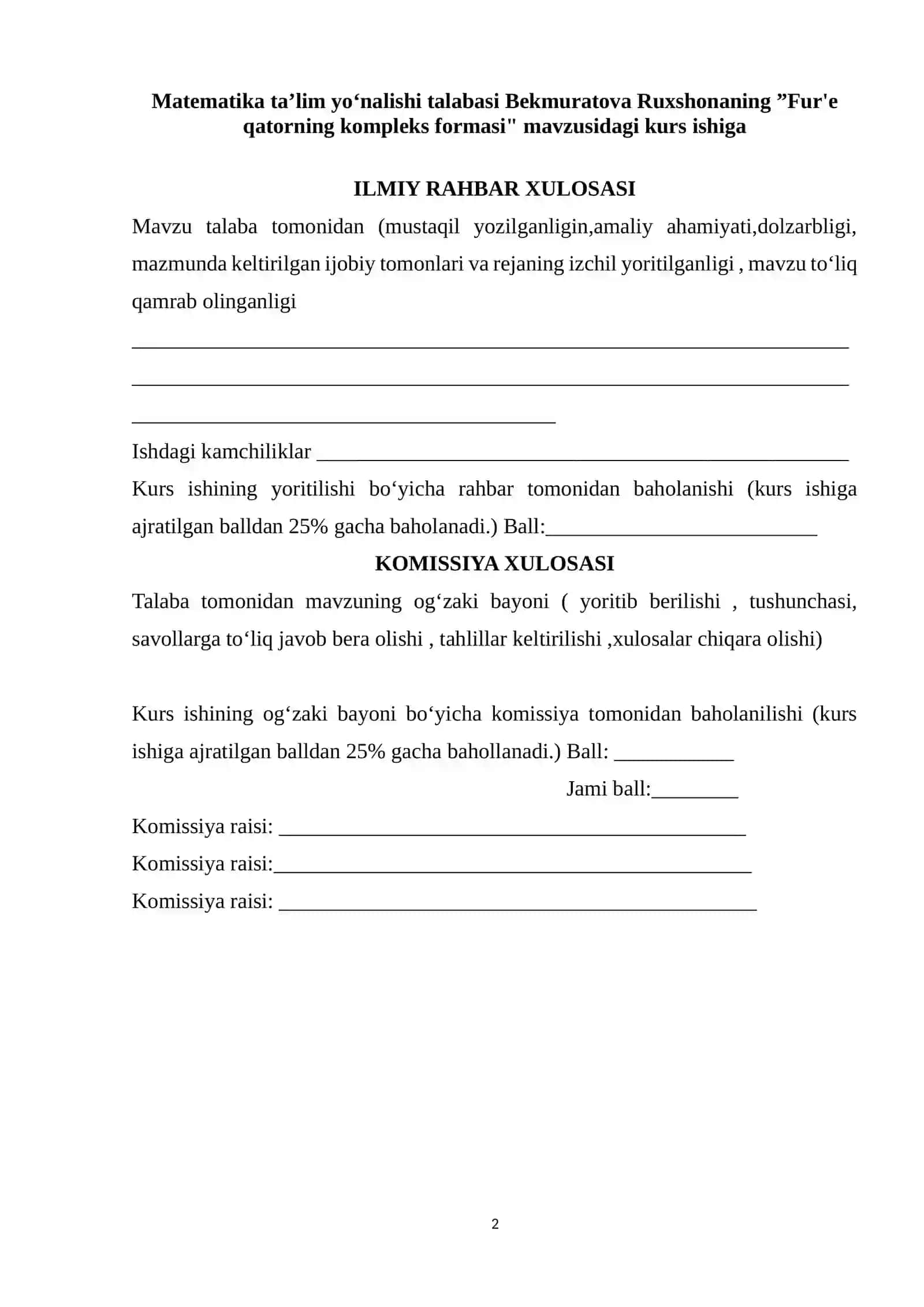 "Fur'e qatorning kompleks formasi" 2