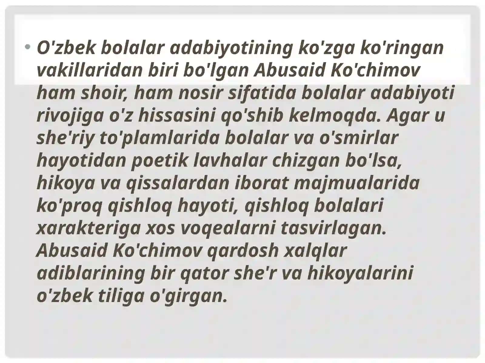 ABUSAID KO’CHIMOVNING HAYOTI VA IJODI 2