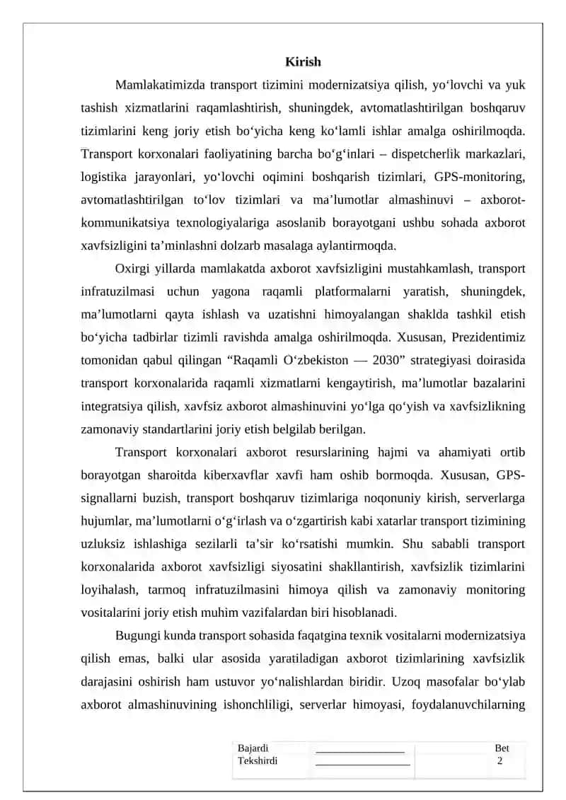 Transport korxonasida axborot xavfsizligi tizimini ishlab chiqish va joriy etish 2