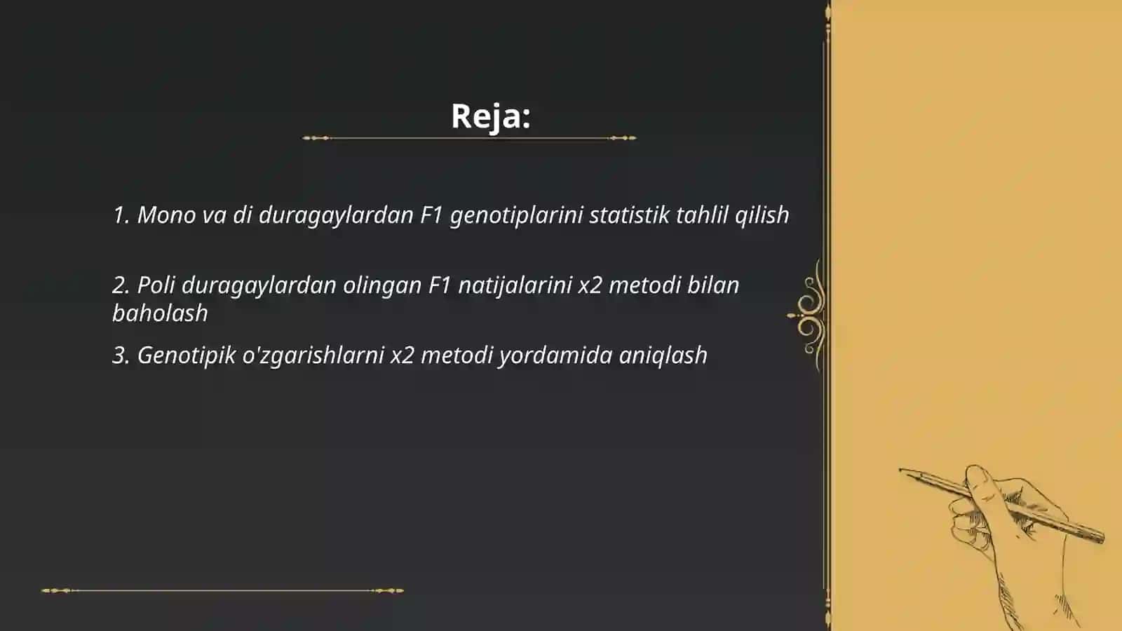 Mono,di va poliduragaylardan F1 olingan natijalarni statistik usulda tekshirish -x2 metodi boyicha masalalar tuzish va yechish 2