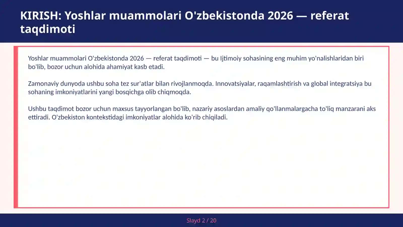Yoshlar muammolari O'zbekistonda 2026 — referat taqdimoti 2