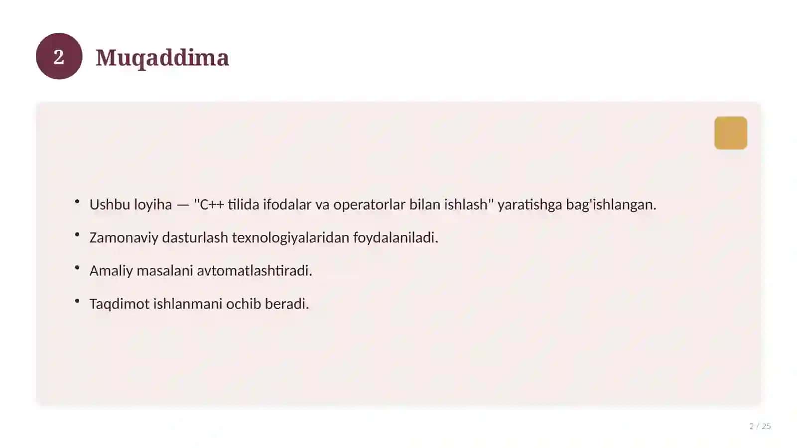 C++ tilida ifodalar va operatorlar bilan ishlash 2