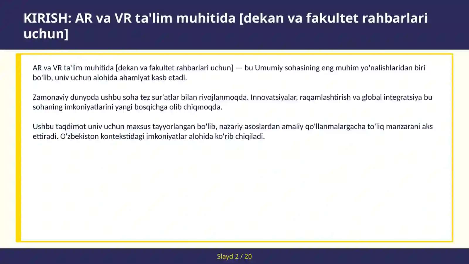 AR va VR ta'lim muhitida [dekan va fakultet rahbarlari uchun] 2
