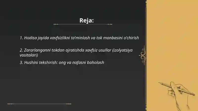 Toʻk urganda elektr toki bilan jarohatlanganda birinchi yordam 2